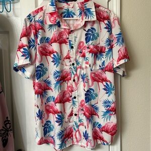Casual Pink Flamingo Print Short-Sleeve Button-Down Shirt - White/Pink